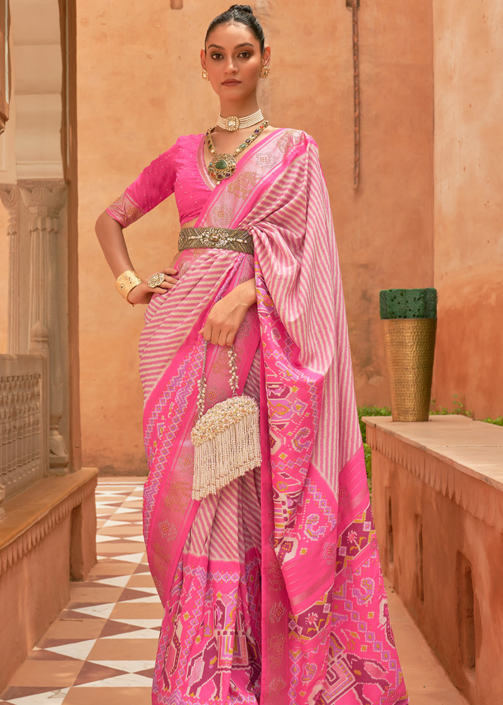 Blush Pink Patola Silk Saree