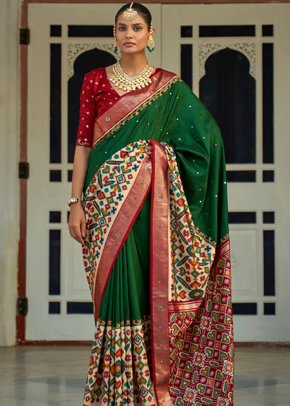 Jewel Green and Red Woven Patola Silk Saree