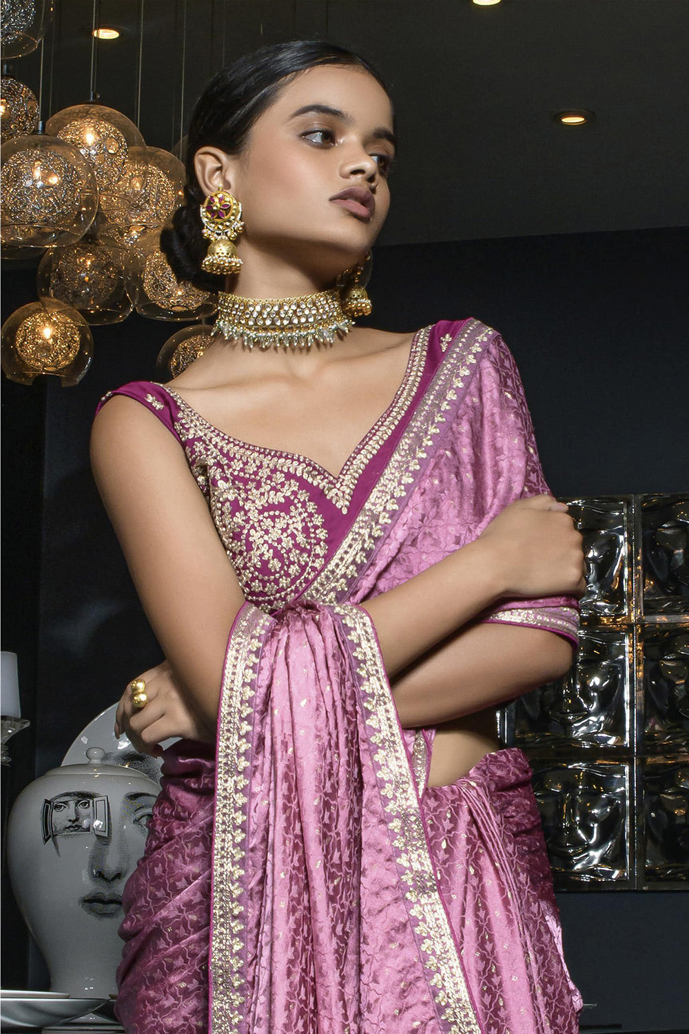 Orchid Pink Satin Saree