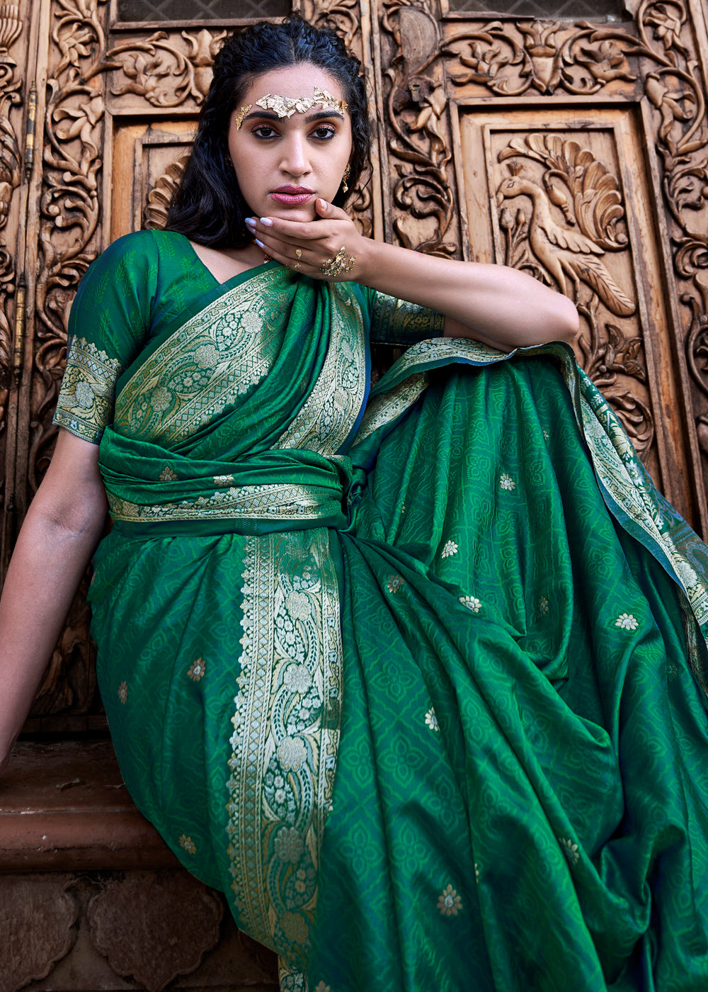 Emerald Green Woven Banarasi Satin Silk Saree