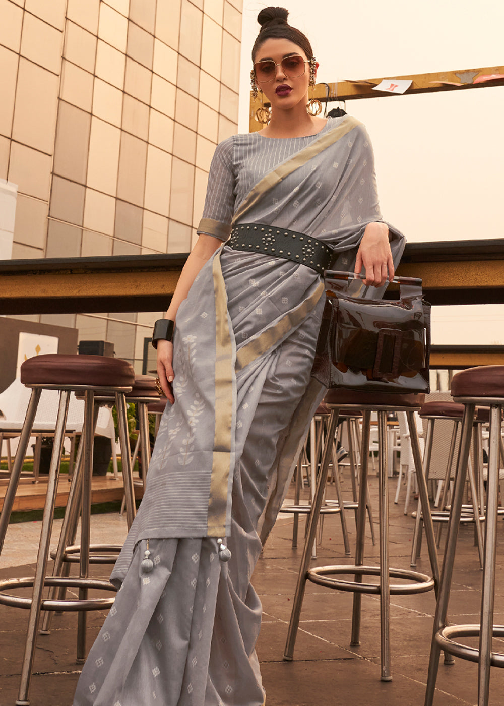 Spicy Grey Zari Woven Banarasi Cotton Saree