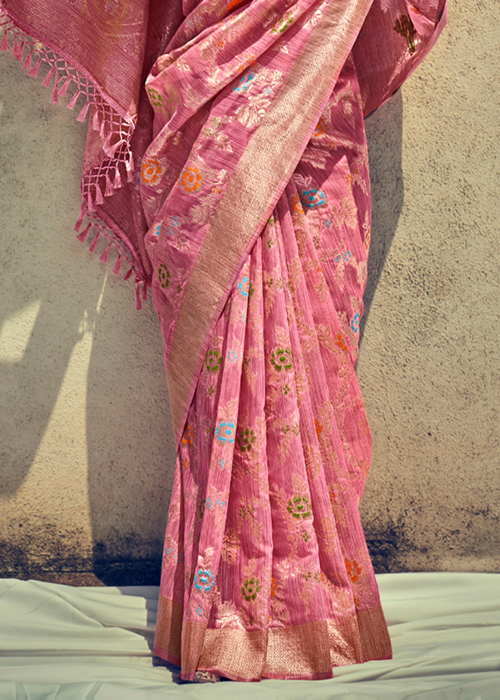 Cornflower Pink Zari Woven Banarasi Linen Saree