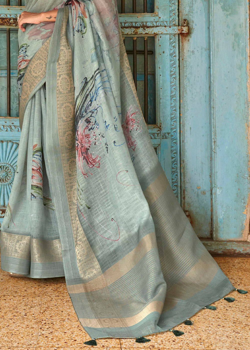 Edward Green Floral Printed Linen Silk Saree