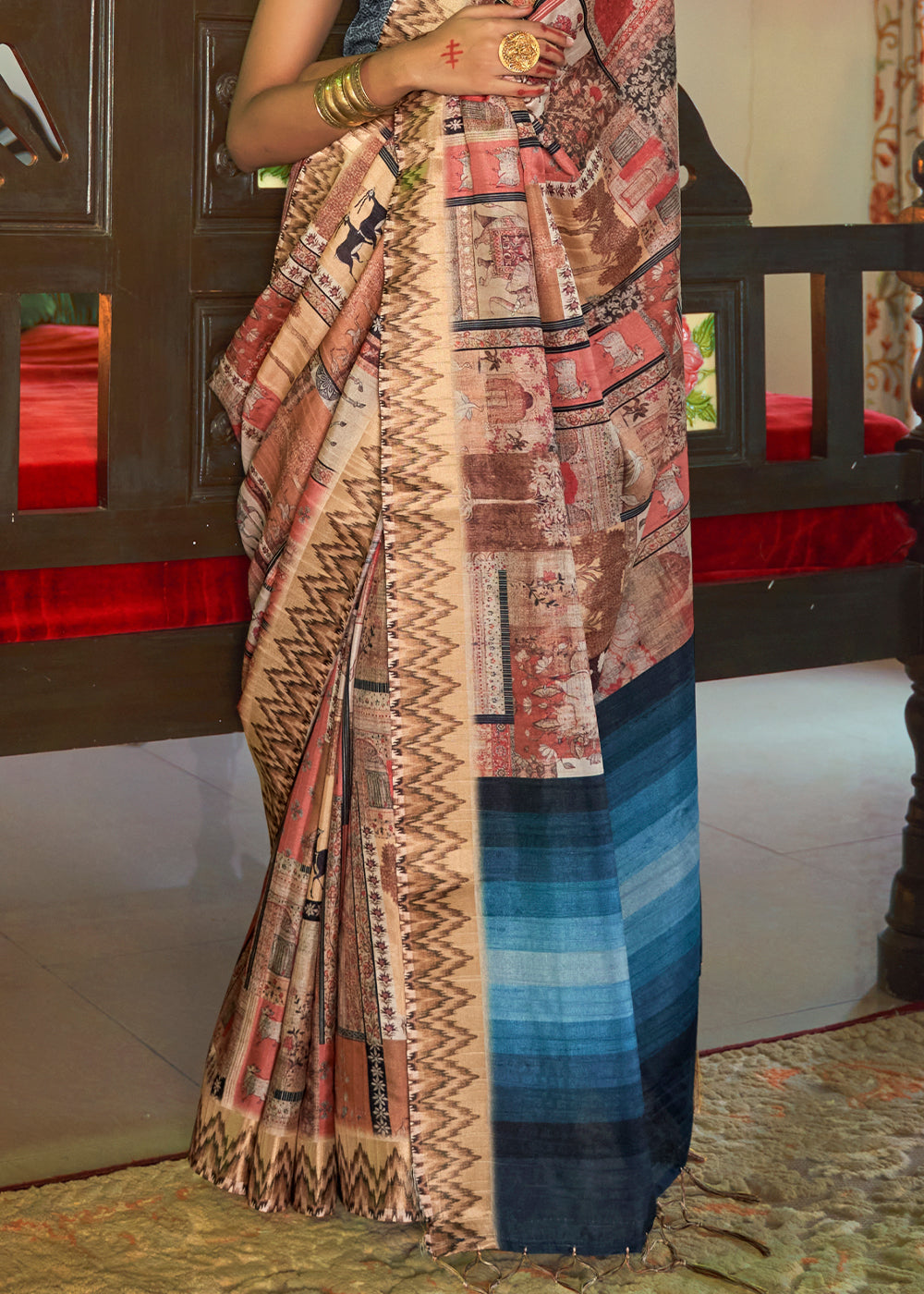 Copper Brown and Blue Digital Printed Silk Saree