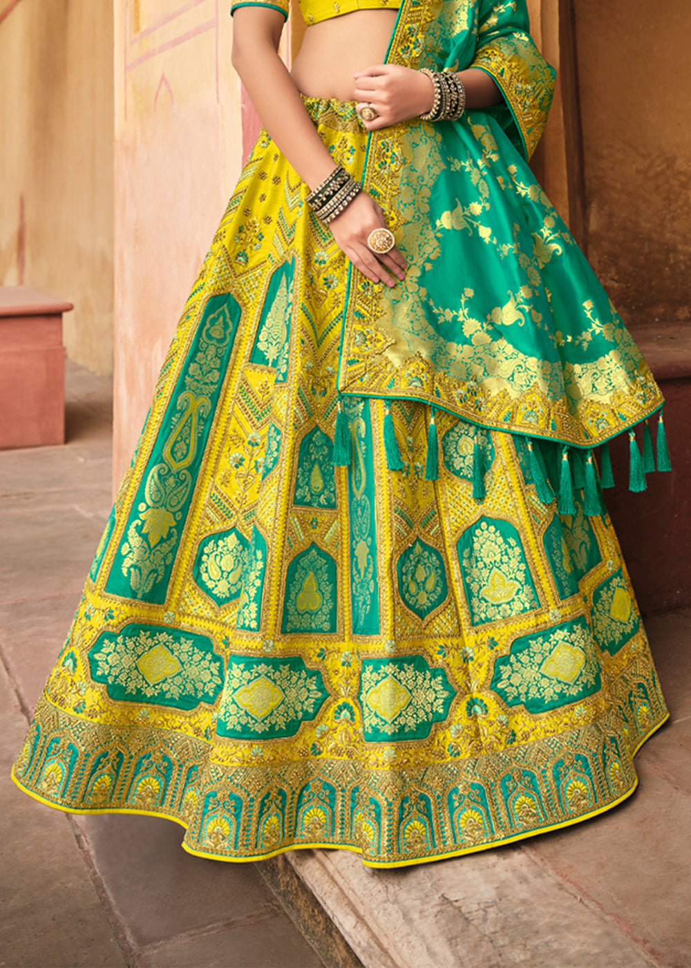 Pine Yellow and Blue Heavy Embroidered Lehenga