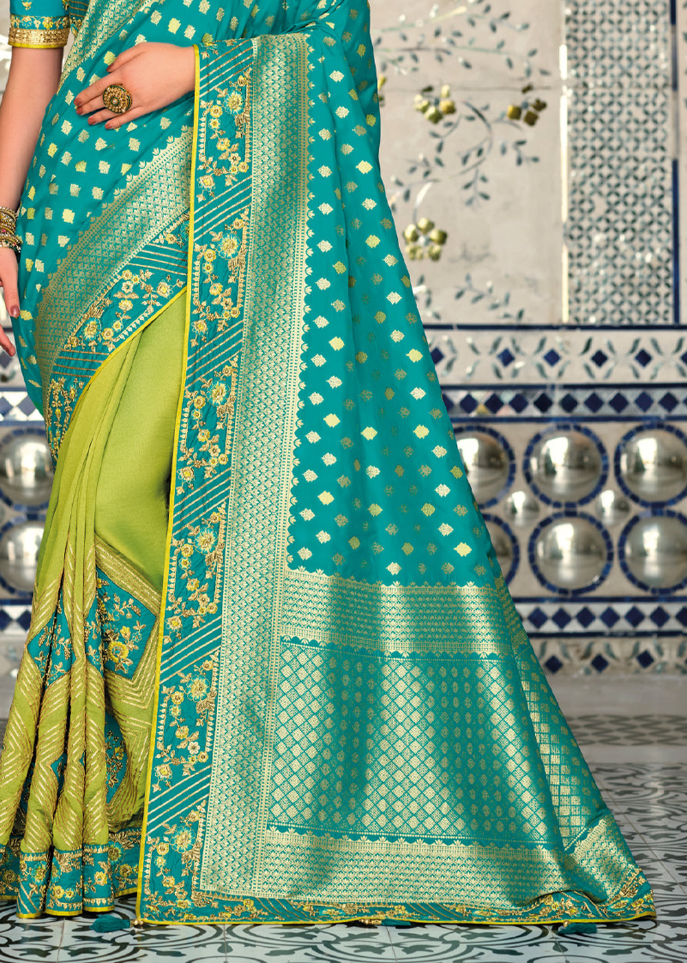 Peridot Green & Blue Zari Woven Designer Banarasi Saree