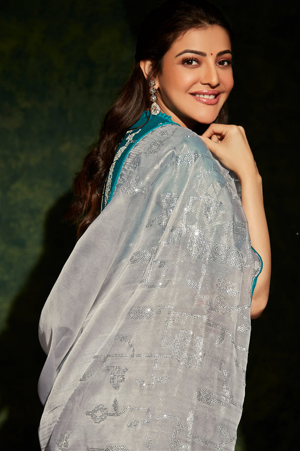 Ash Grey and Blue South Silk Saree