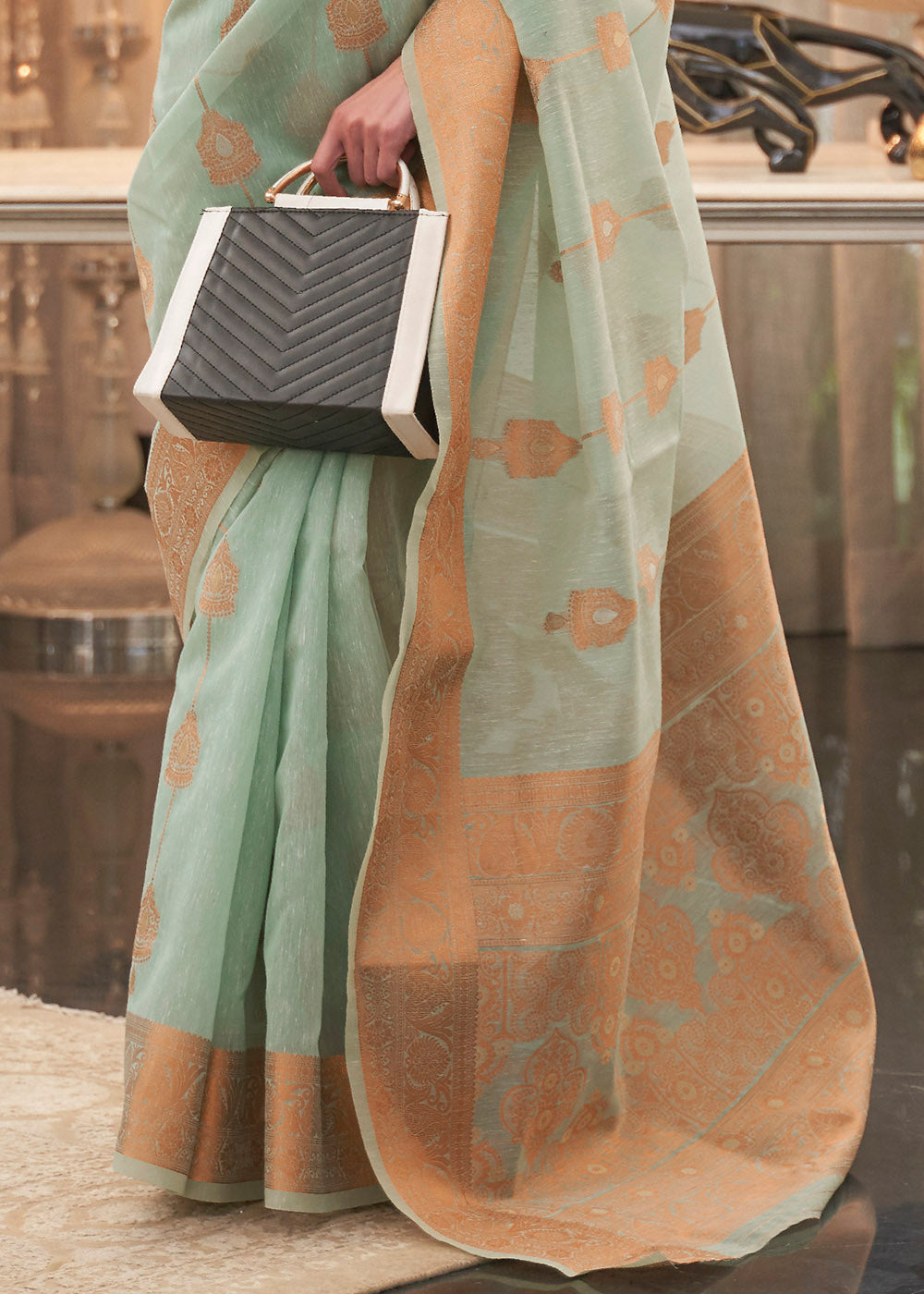 Clay Ash Green Zari Woven Linen Saree