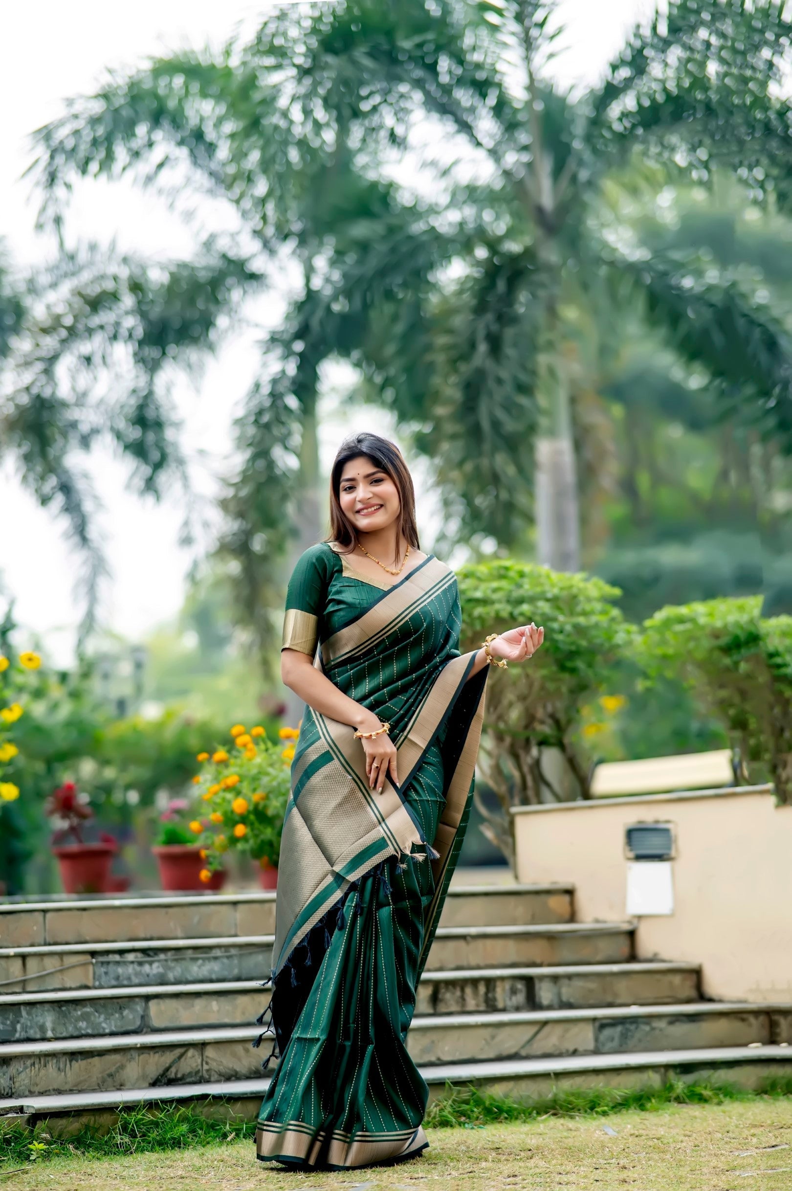 Jade Dark Green Woven Raw Silk Saree