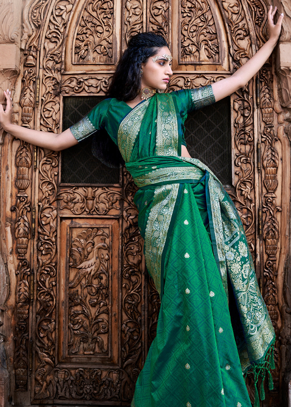 Emerald Green Woven Banarasi Satin Silk Saree