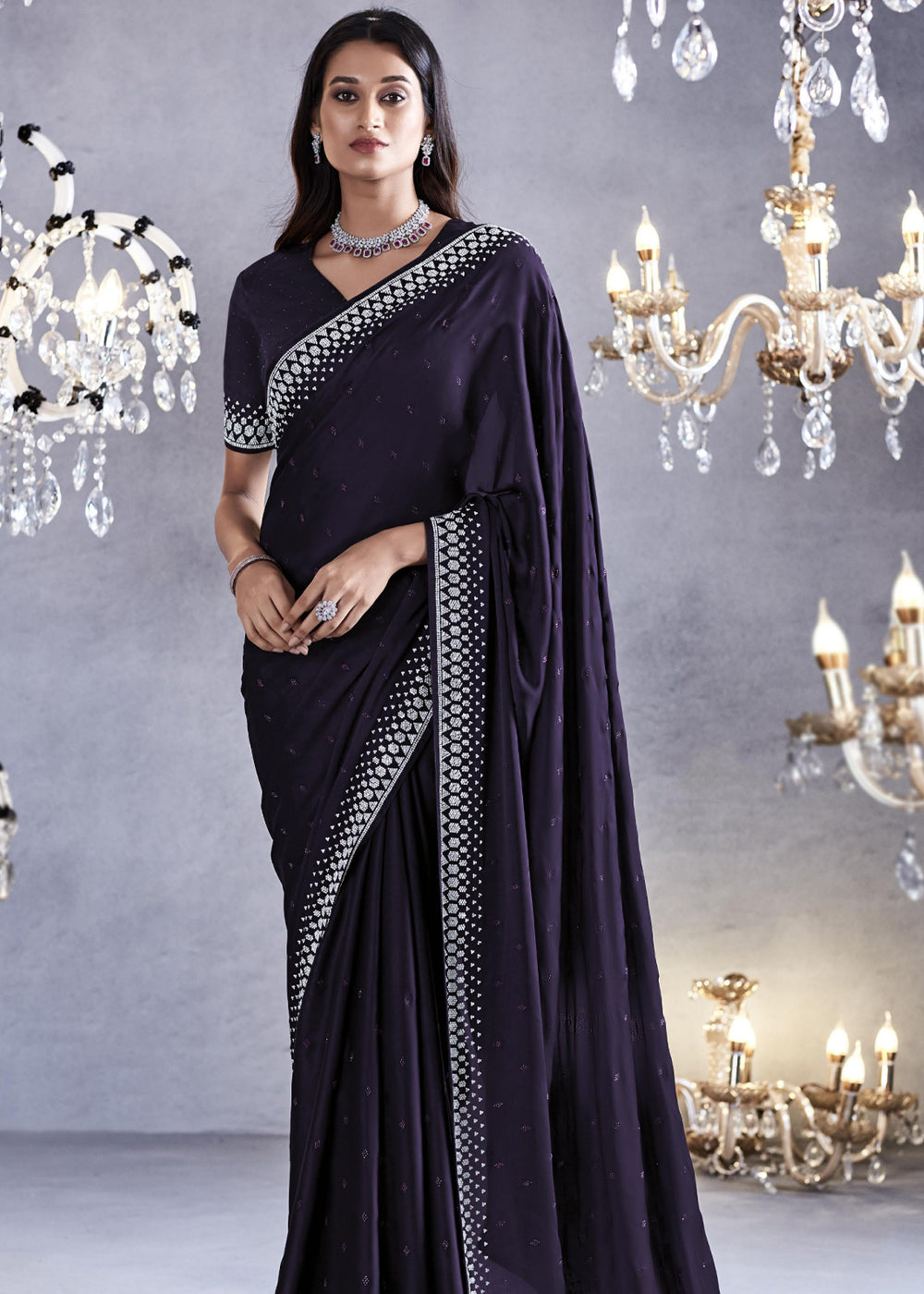 Bastille Black Woven Embroidered Satin Silk Saree