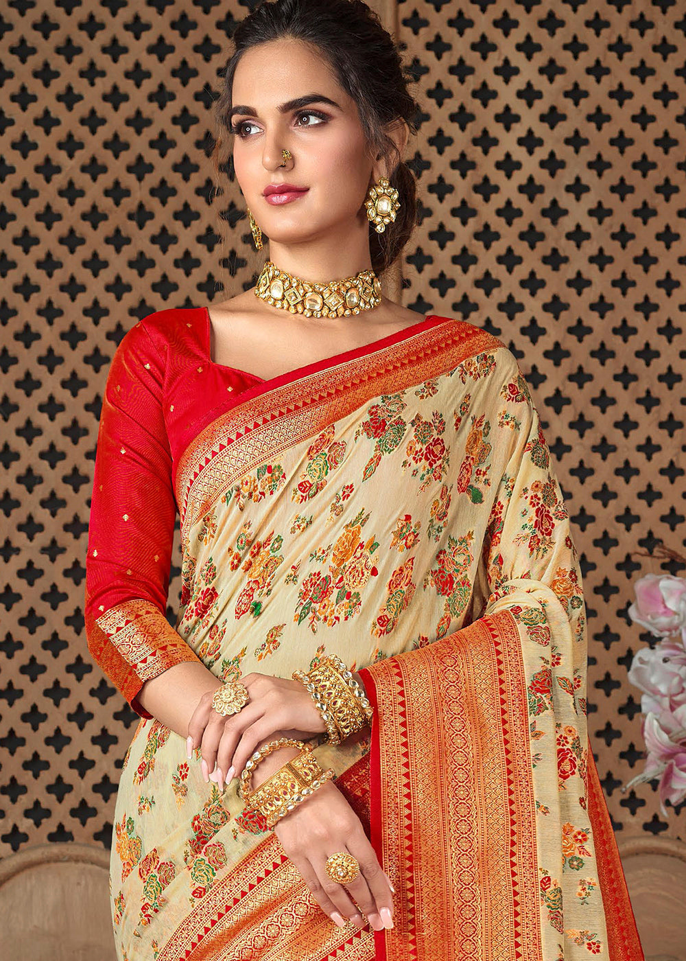 Gold Sand Cream and Red Zari Woven Banarasi Saree