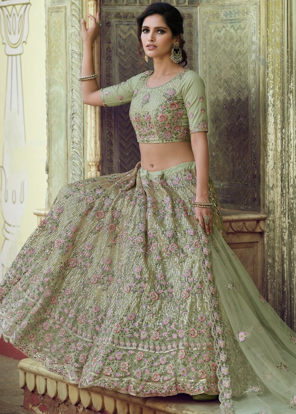 Hillary Green Soft Net Designer Lehenga Choli