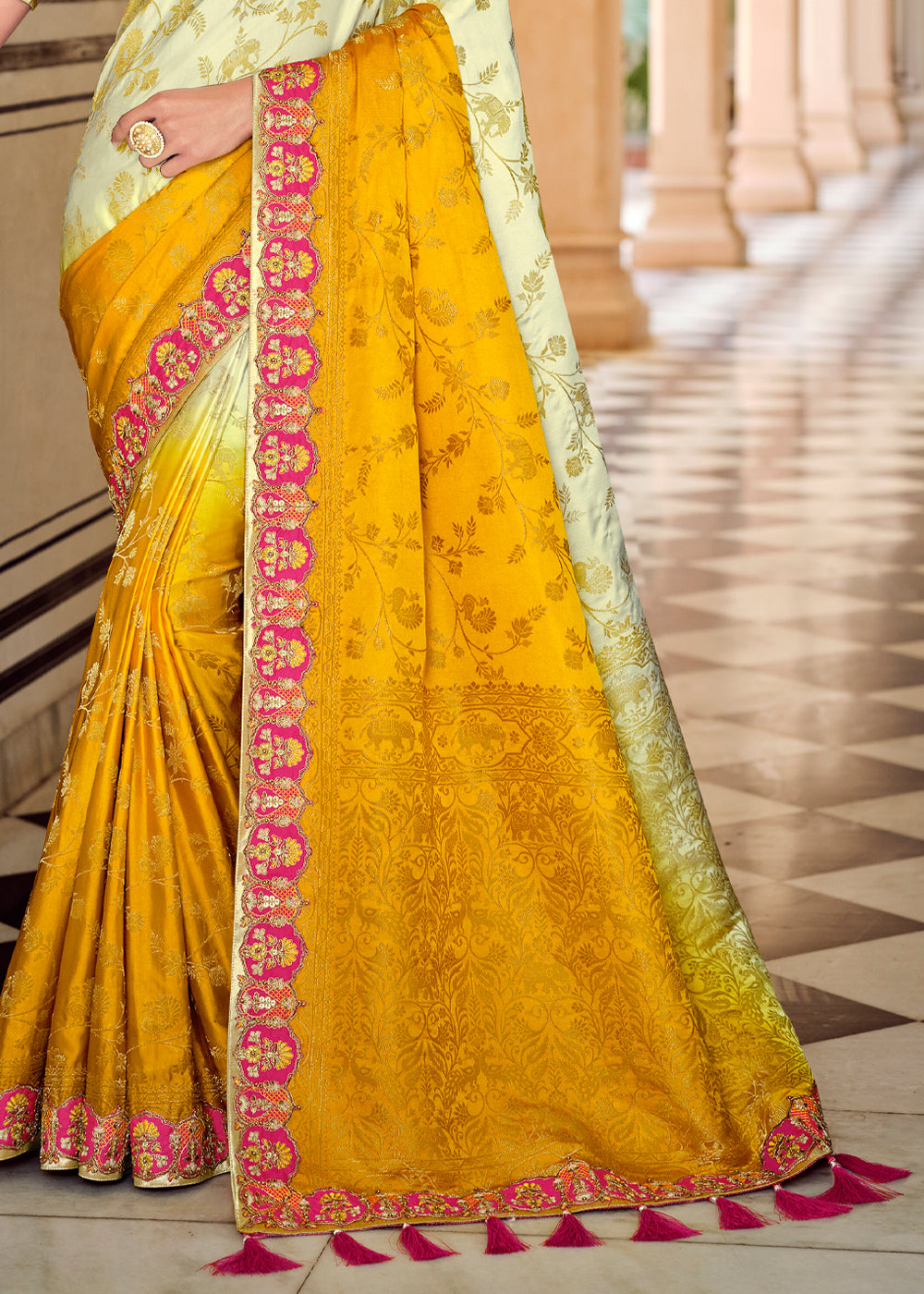 Raffia White and Yellow Zari Woven Designer Banarasi Saree