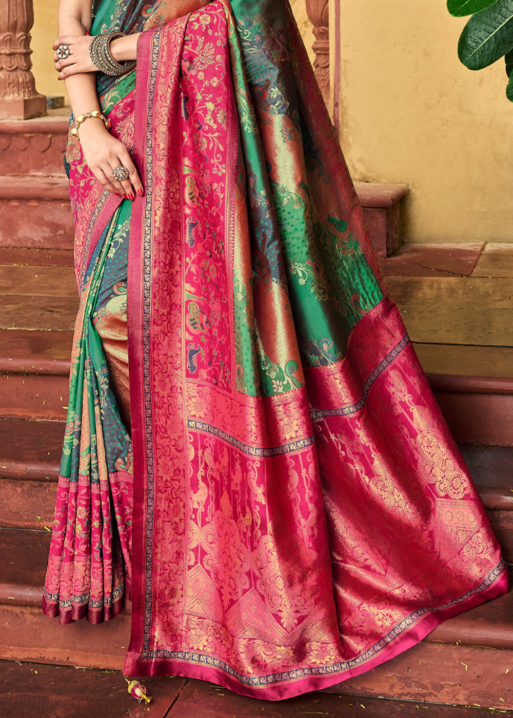 Jade Green and Pink Designer Banarasi Saree