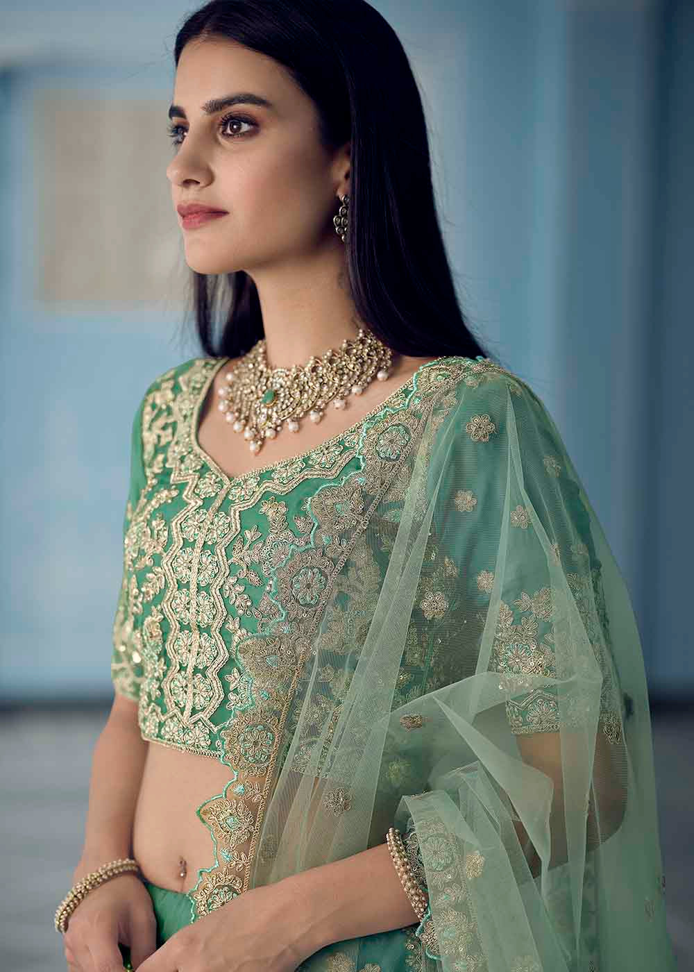 Patina Green Organza Lehenga Choli