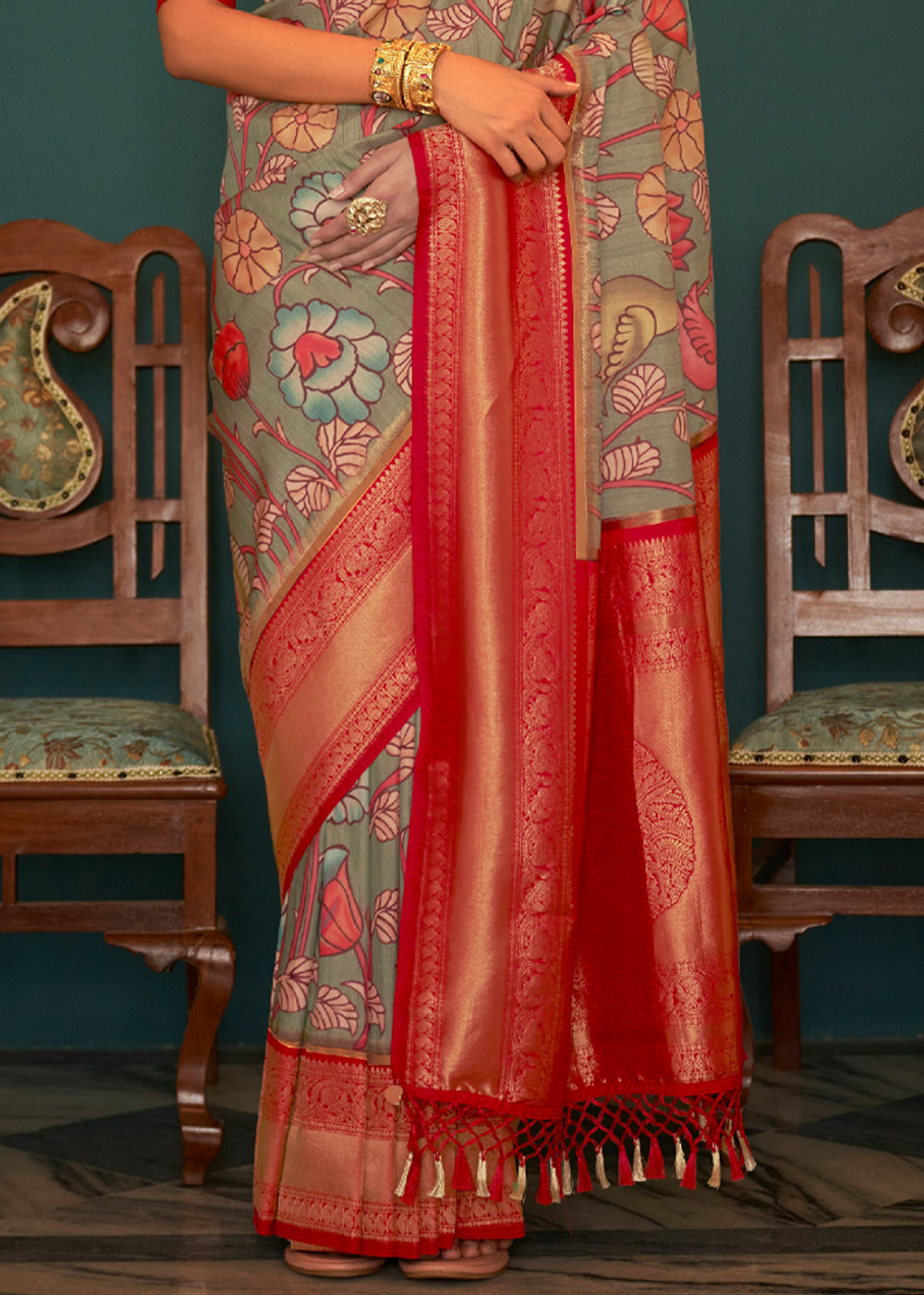 Norway Grey and Red Woven Banarasi Tussar Silk Kalamkari Saree