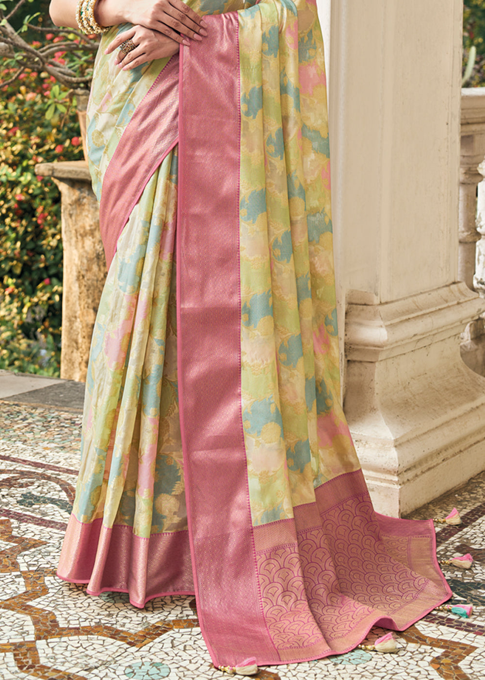 Tacha Yellowish Woven Organza Banarasi Silk Saree