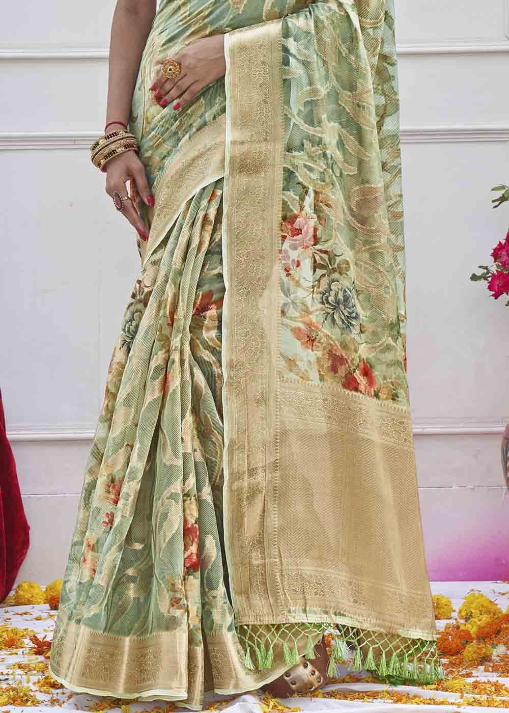 Hillary Green Digital Printed Organza Silk Saree