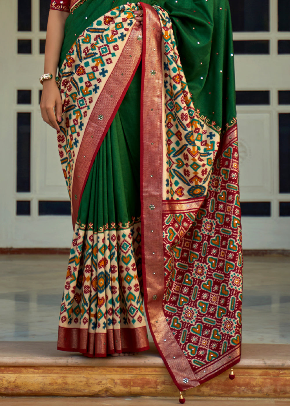 Jewel Green and Red Woven Patola Silk Saree