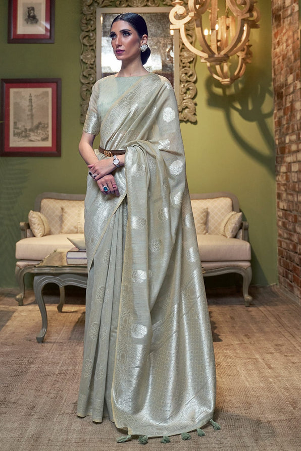 Brook Grey Zari Woven Linen Saree