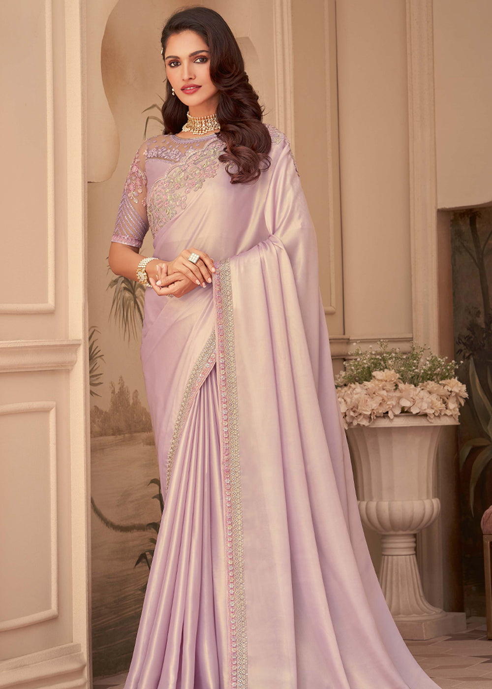 Rose Fog Purple Georgette Designer Saree with Embroidered Blouse