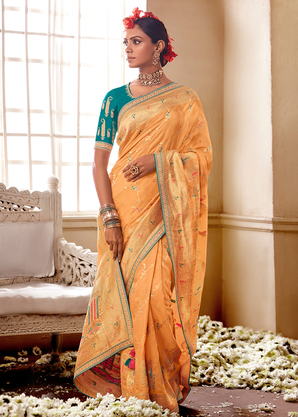 Sandy Orange and Green Banarasi Saree with Designer Blouse