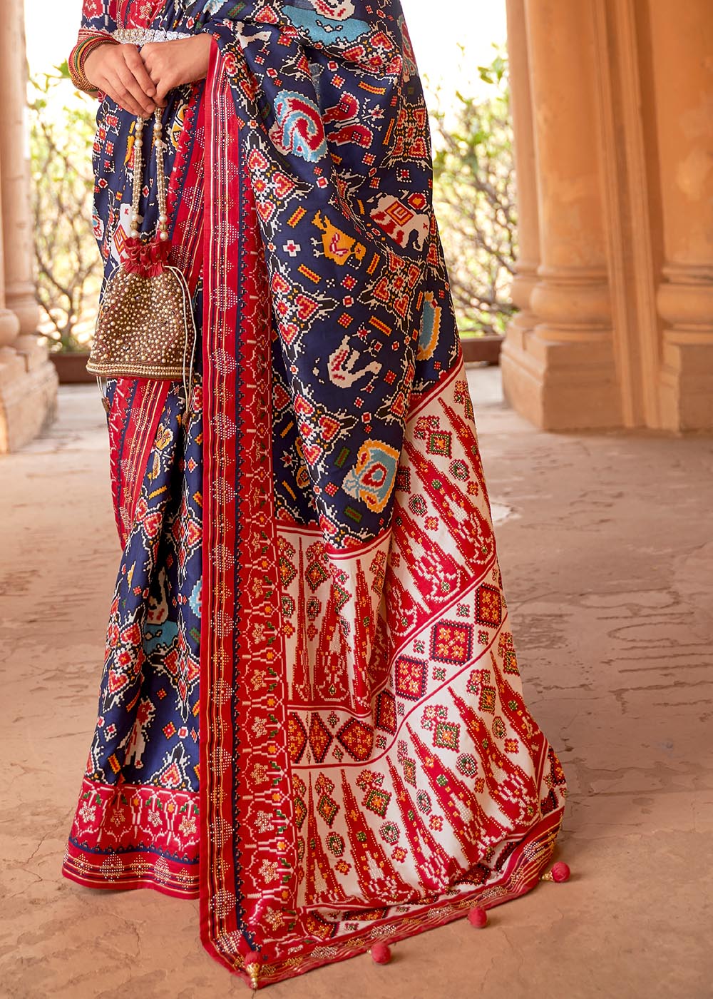 Mulled Wine Blue and Red Printed Patola Saree