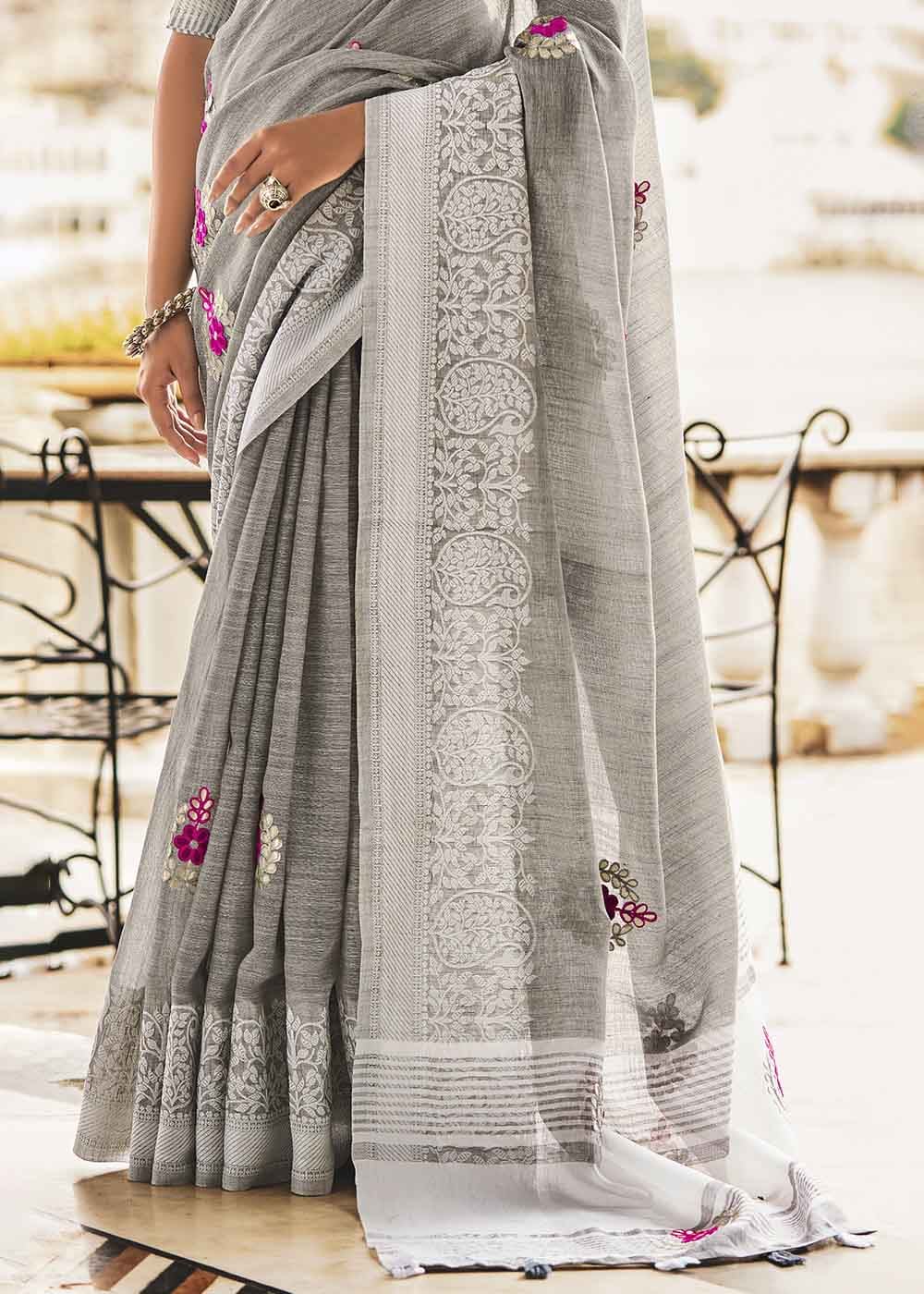 Zorba Grey Zari Woven Soft Linen Silk Saree