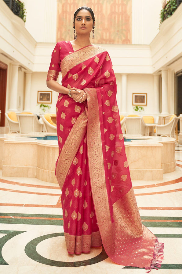 Chestnut Red Zari Woven Organza Silk Saree