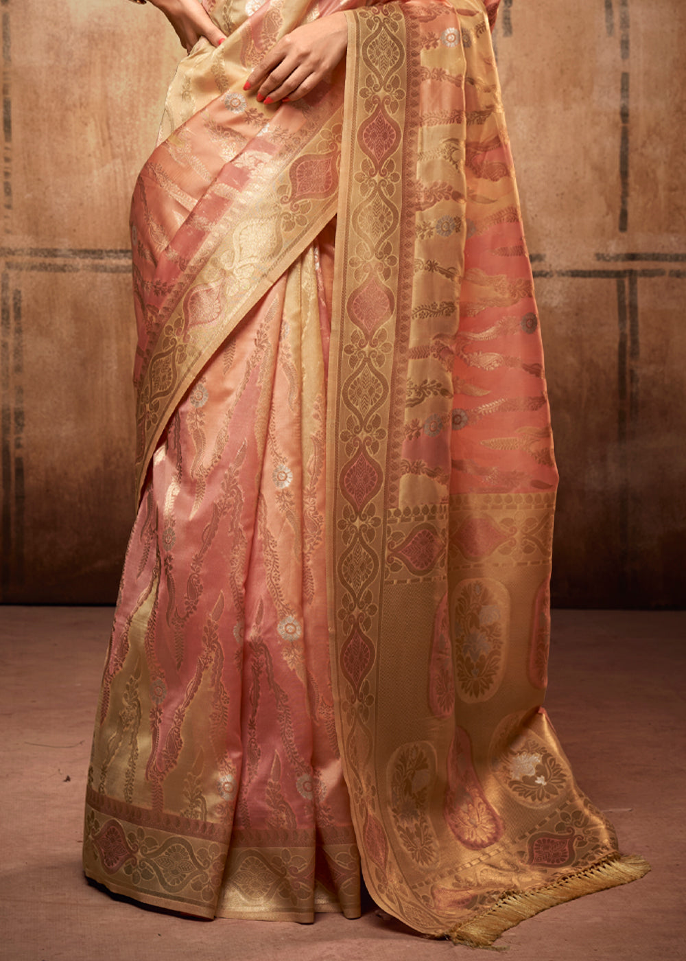 Flesh Peach Zari Woven Banarasi Organza Saree