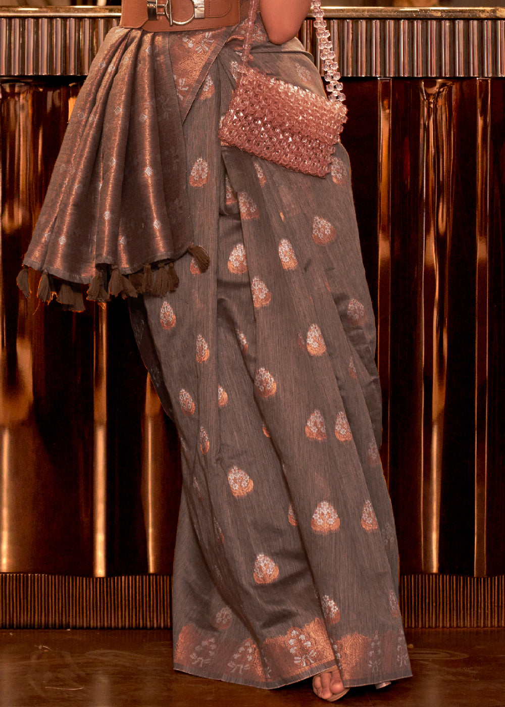 Irish Coffee Brown Bronze Zari Woven Linen Silk Saree