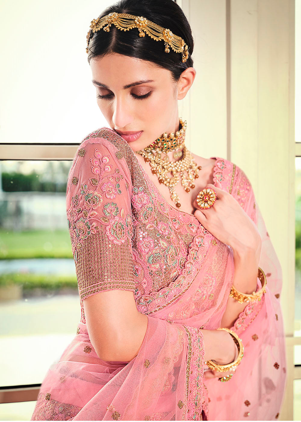 Sundown Pink Net Designer Lehenga With Heavy Embroidered Work