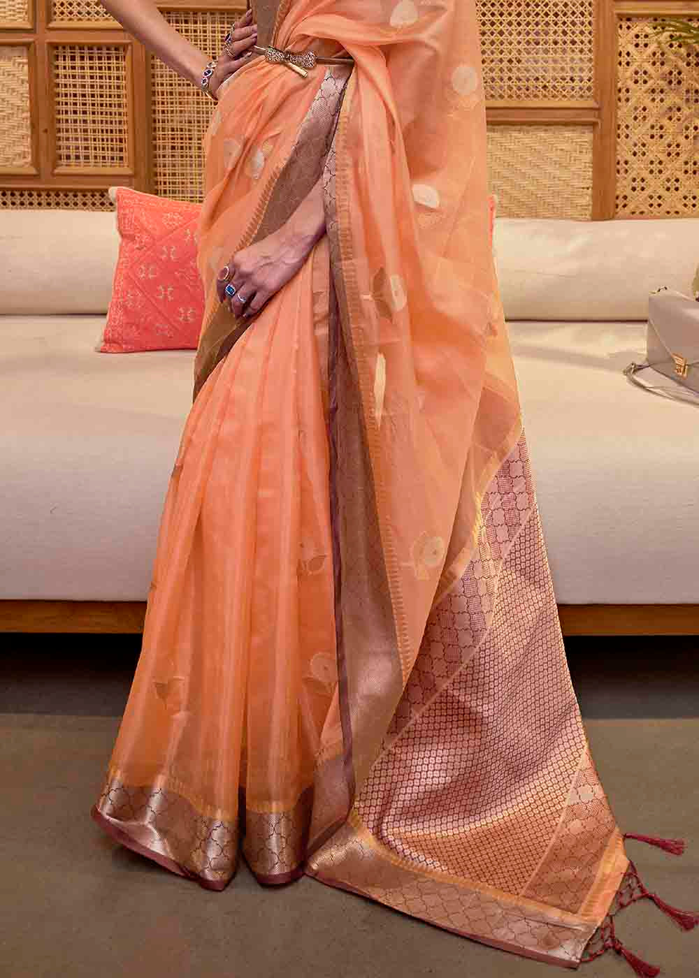 Sandy Orange Zari Woven Two Tone Organza Saree