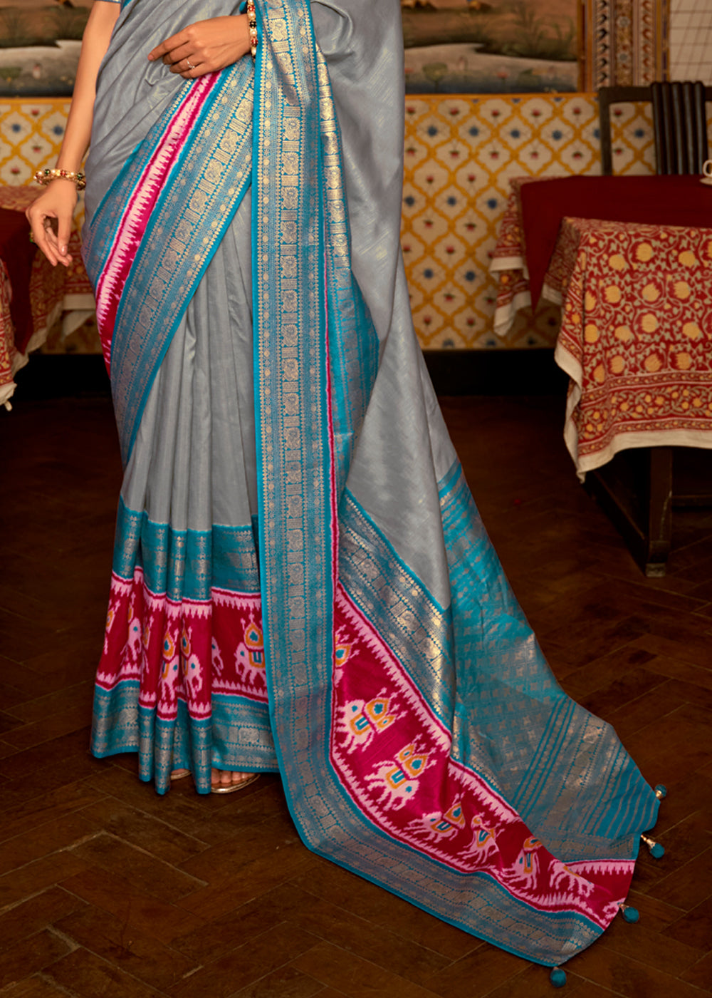 Natural Grey and Blue Banarasi Patola Saree