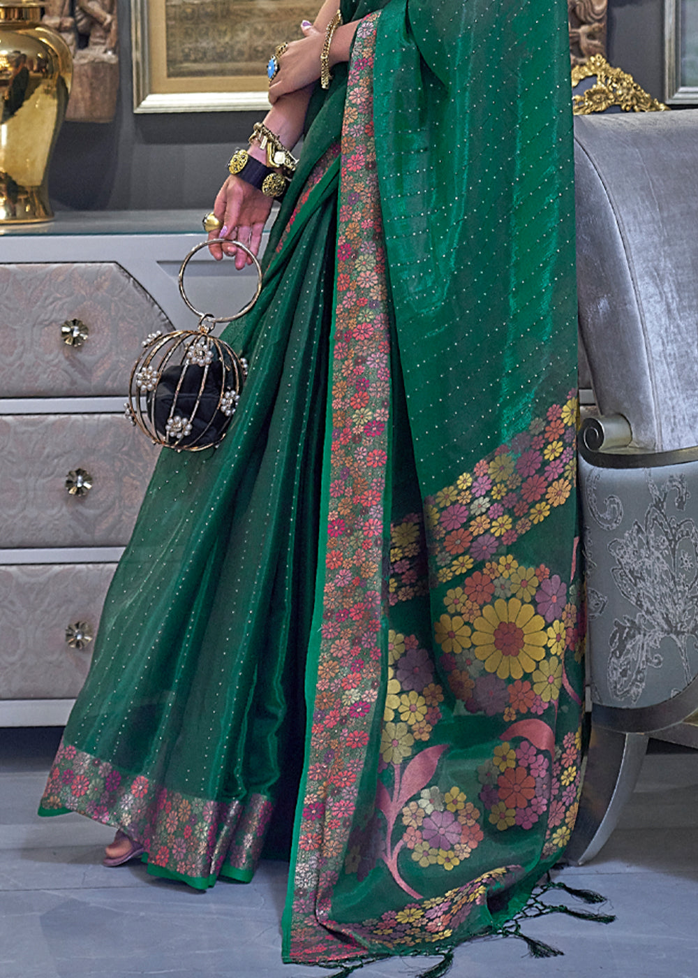 Watercourse Green Woven Dual Tone Organza Banarasi Silk Saree