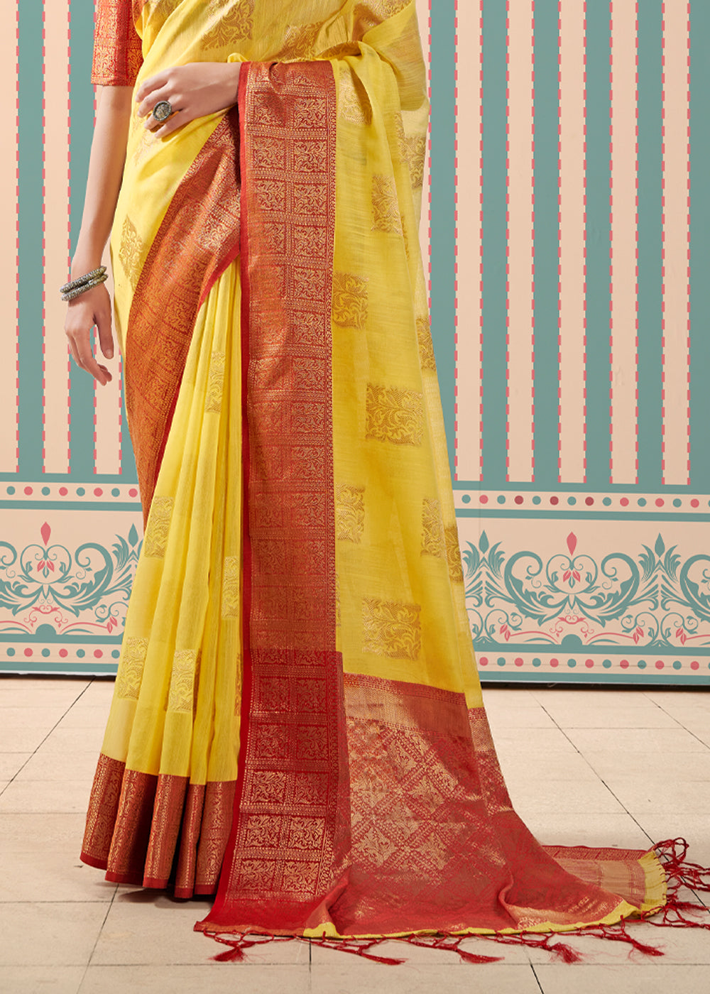 Ronchi Yellow Zari Woven Banarasi Brocade Linen Saree