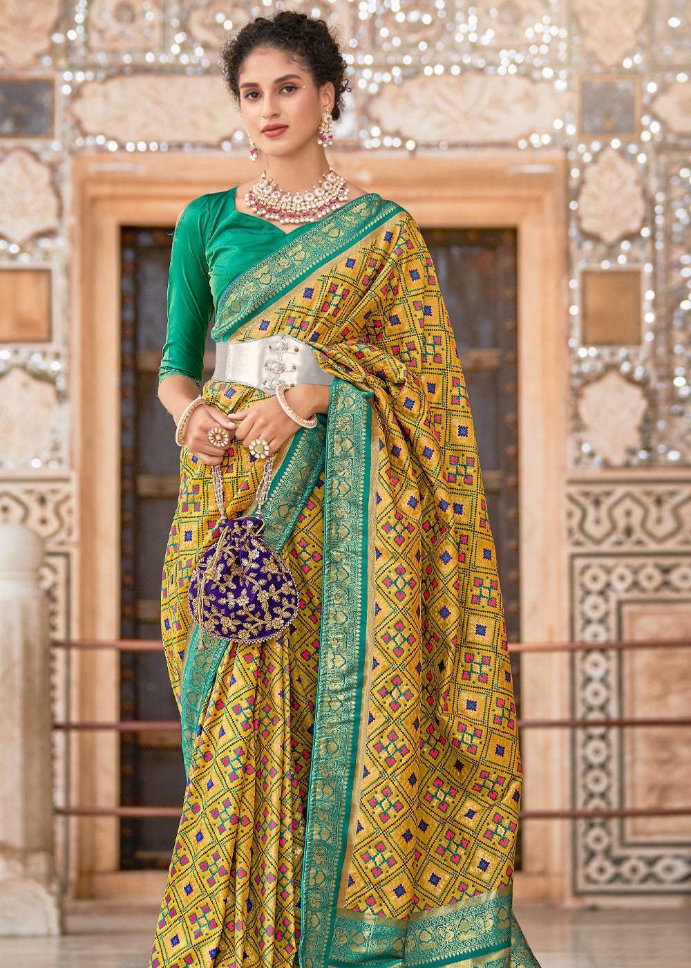 Chenin Yellow and Green Zari Woven Patola Saree