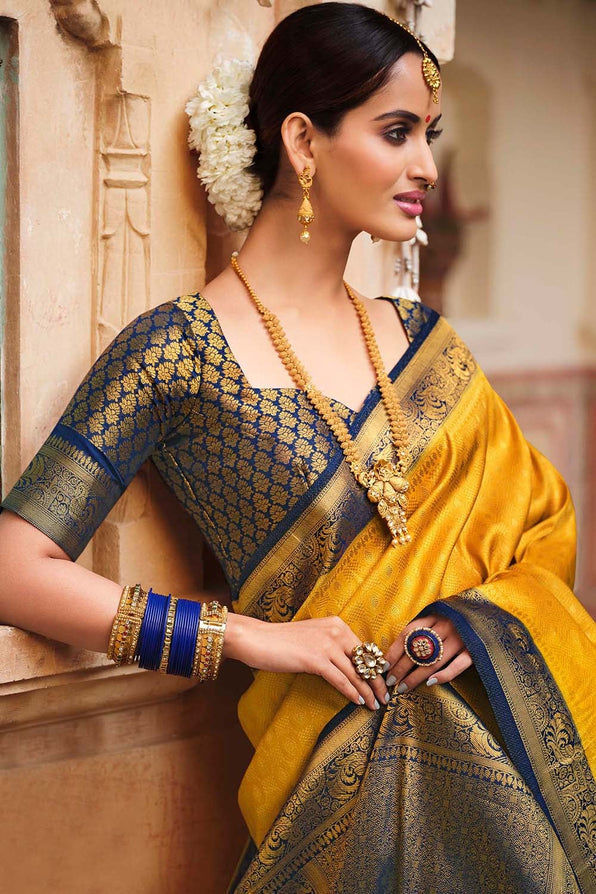 Bush Yellow and Blue Zari Woven Kanjivaram Saree