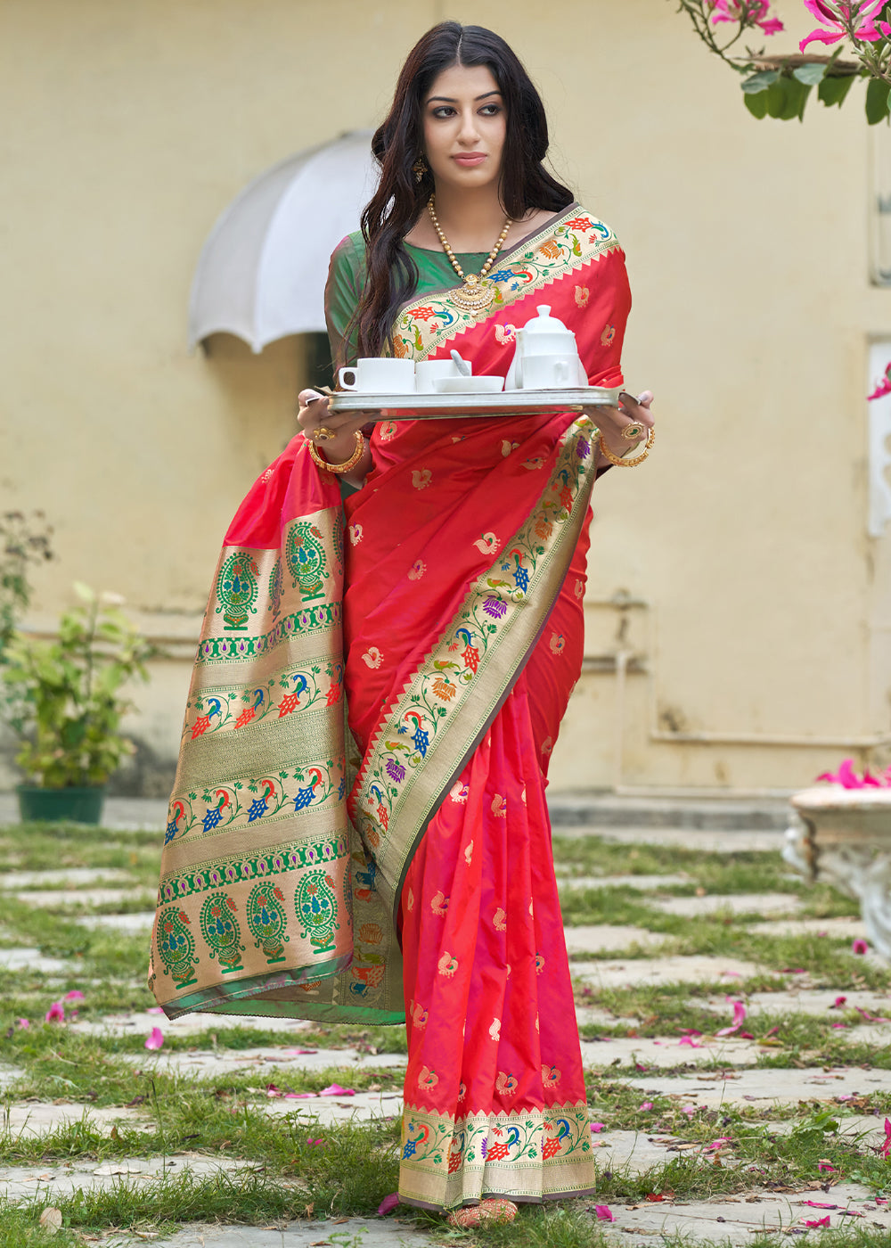 Persian Red and Green Zari Woven Banarasi Paithani Saree