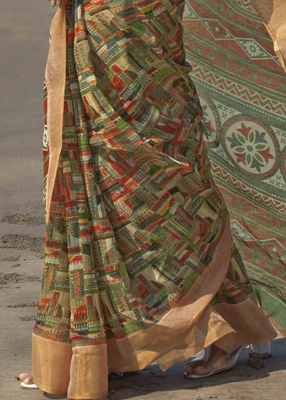 Green Smoke and Orange Printed Cotton Saree