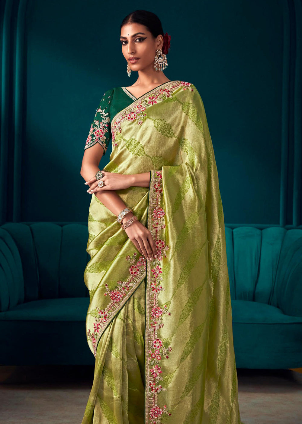 Peridot Green Woven Embroidered Banarasi Silk Saree