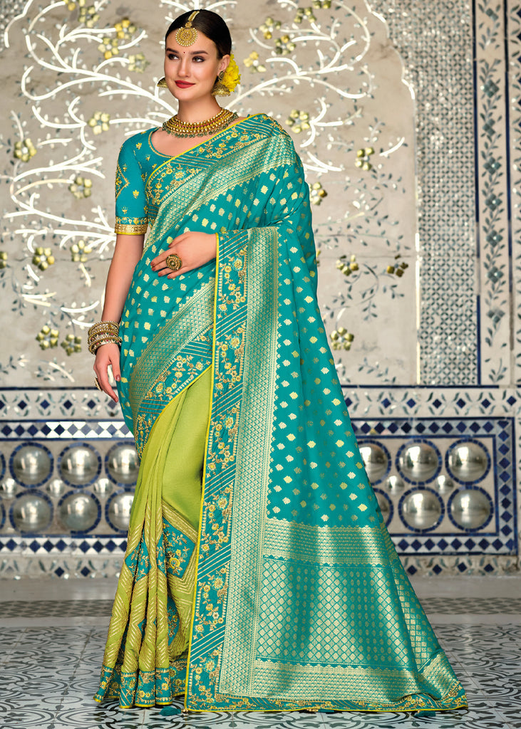 Peridot Green & Blue Zari Woven Designer Banarasi Saree