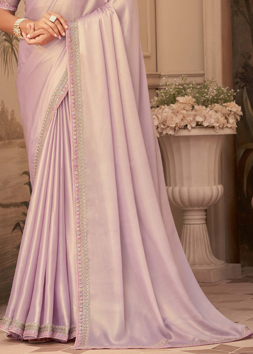 Rose Fog Purple Georgette Designer Saree with Embroidered Blouse