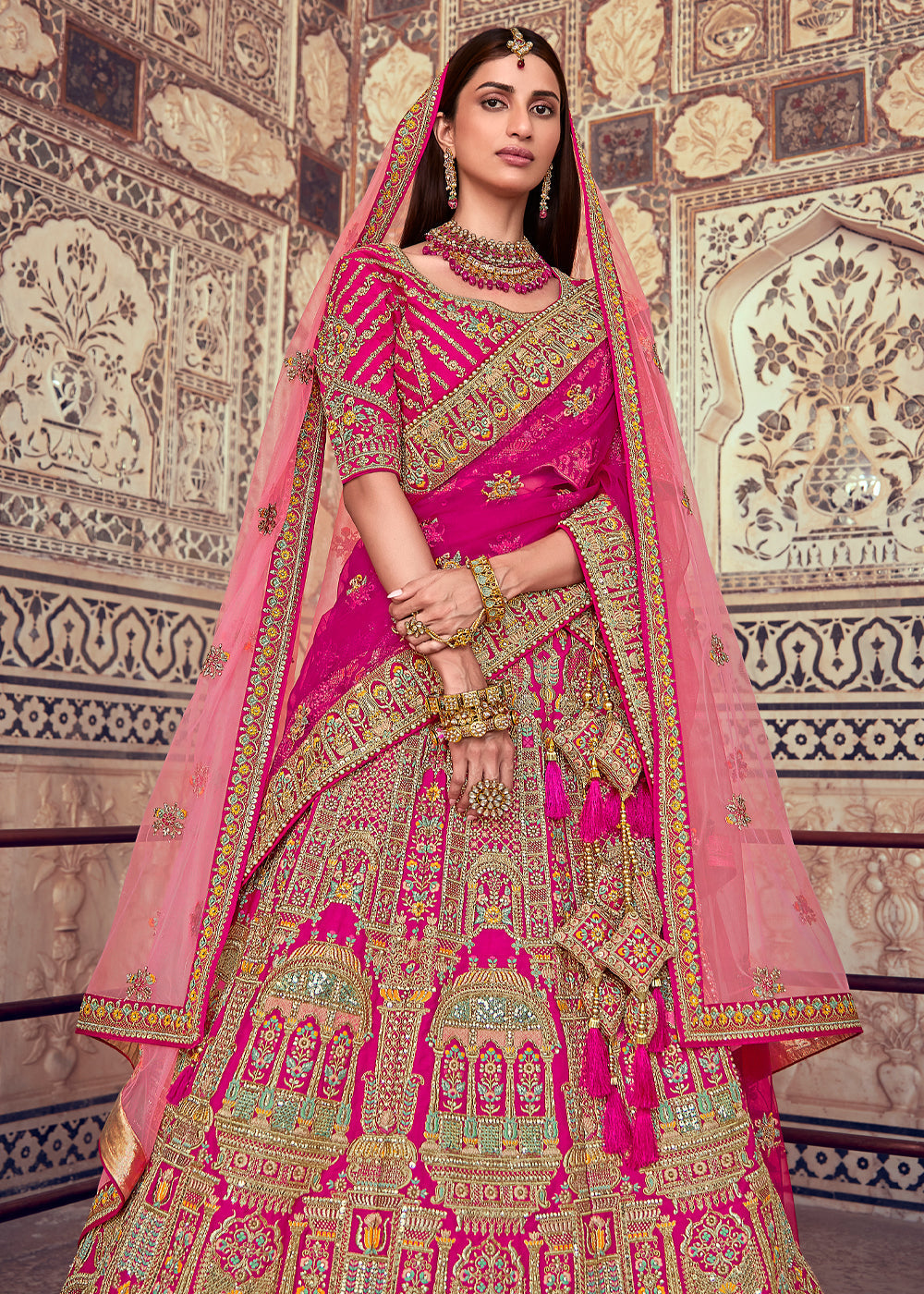 Brick Pink Heavy Embroidered Designer Lehenga