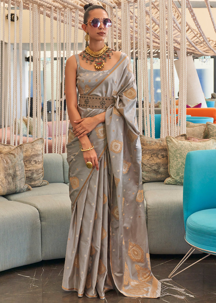 Sage Grey Bronze Zari Woven Satin Silk Saree