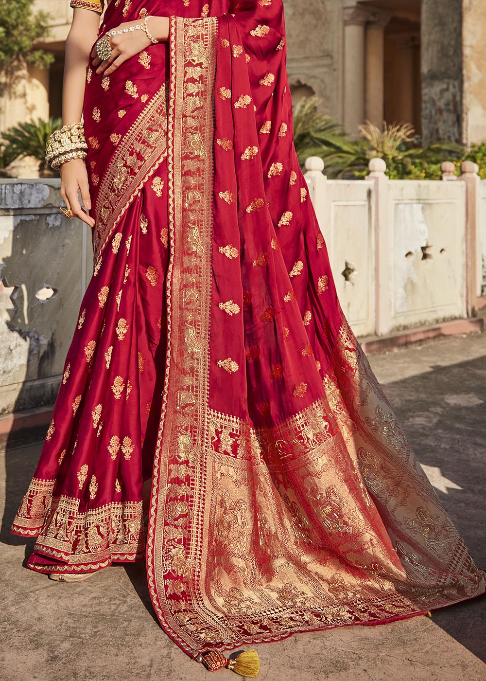 Cedar Red Zari Woven Banarasi Silk Saree with Embroidered Blouse