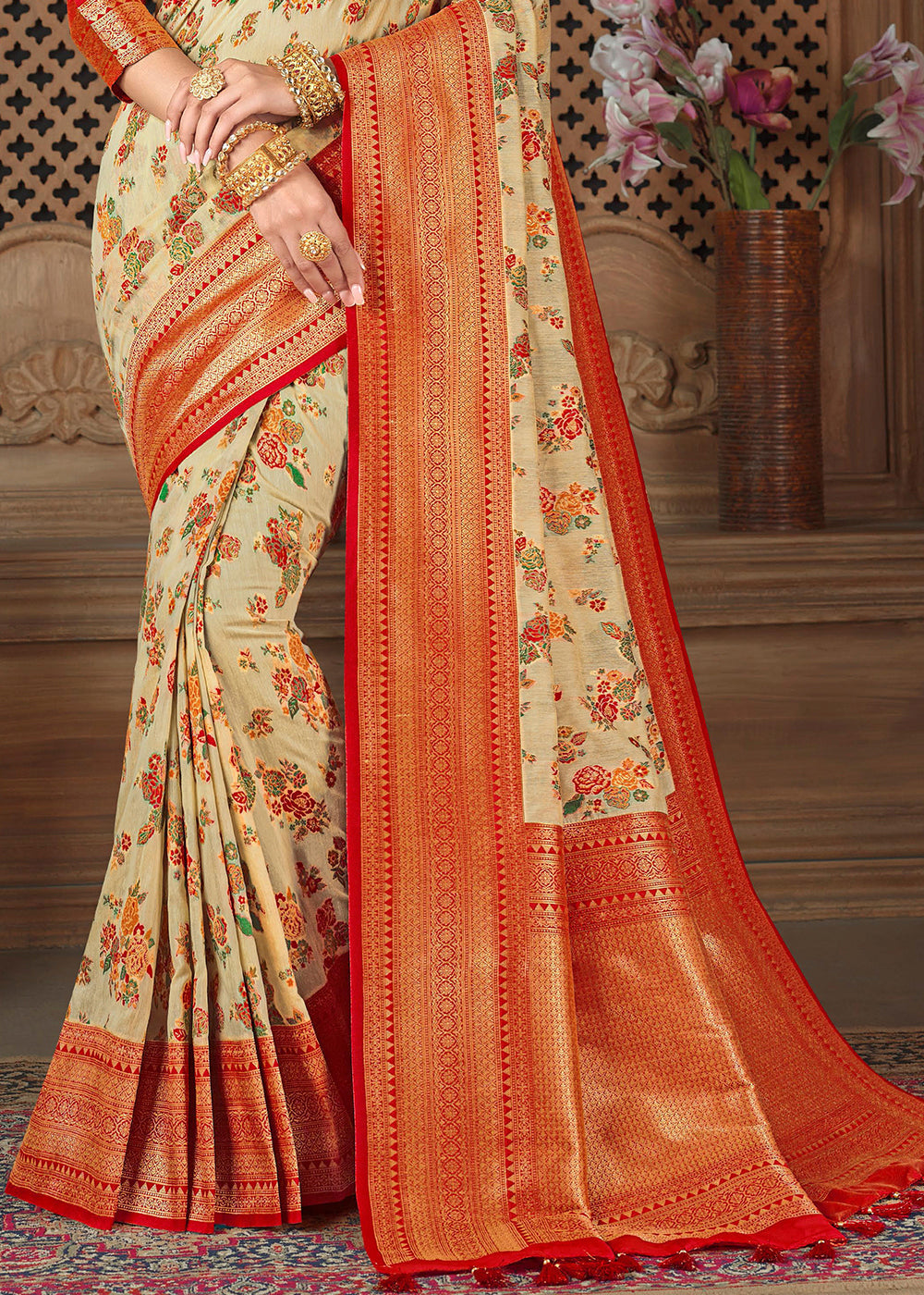 Gold Sand Cream and Red Zari Woven Banarasi Saree