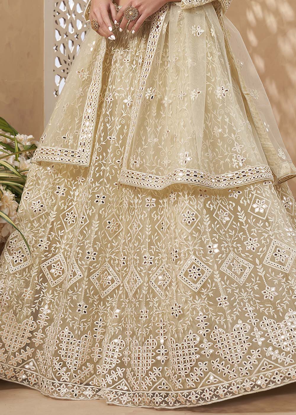 Pavlova Light Yellow Designer Net Lehenga with Multi Thread Embroidery Work