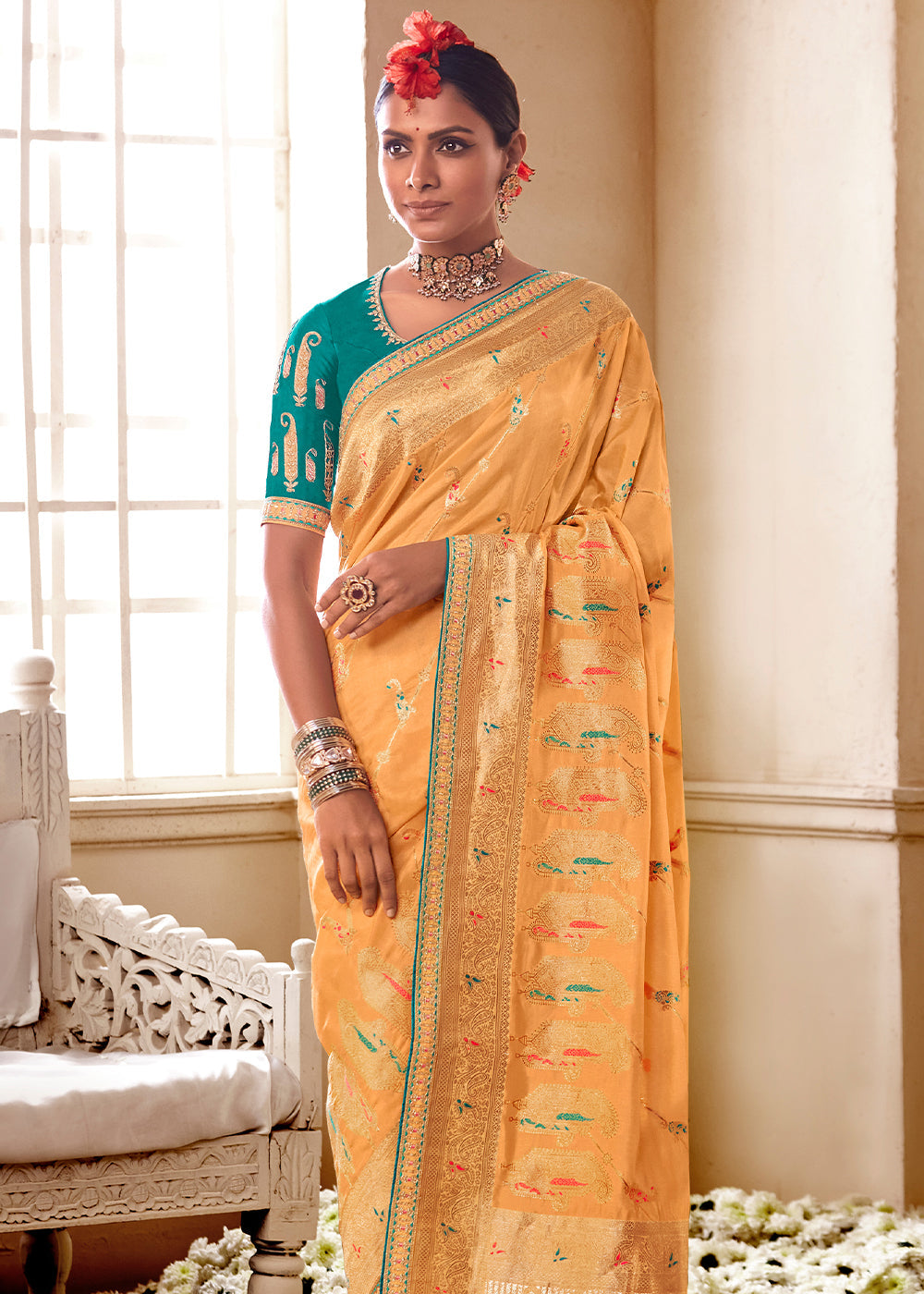 Sandy Orange and Green Banarasi Saree with Designer Blouse